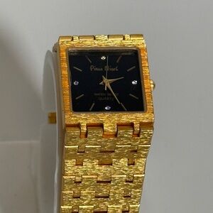 Vintage Pierre Nicol Gold Tone Textured Watch Black Dial Rhinestones
